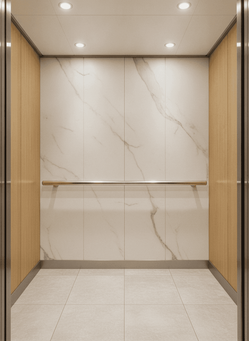 Same elevator cab after renovation with marble-look and white oak architectural film