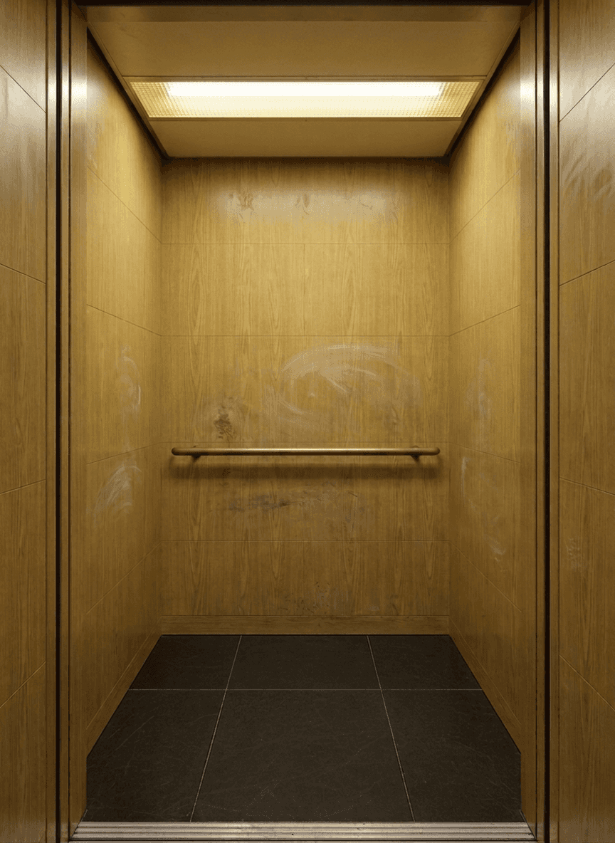 Worn elevator cab with dull yellowed laminate panels before renovation