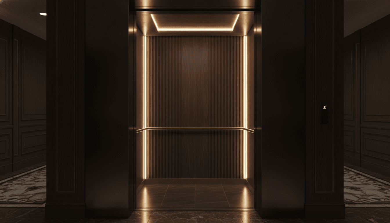 Premium renovated elevator cab with dark fluted wood and warm lighting seen from a hotel corridor