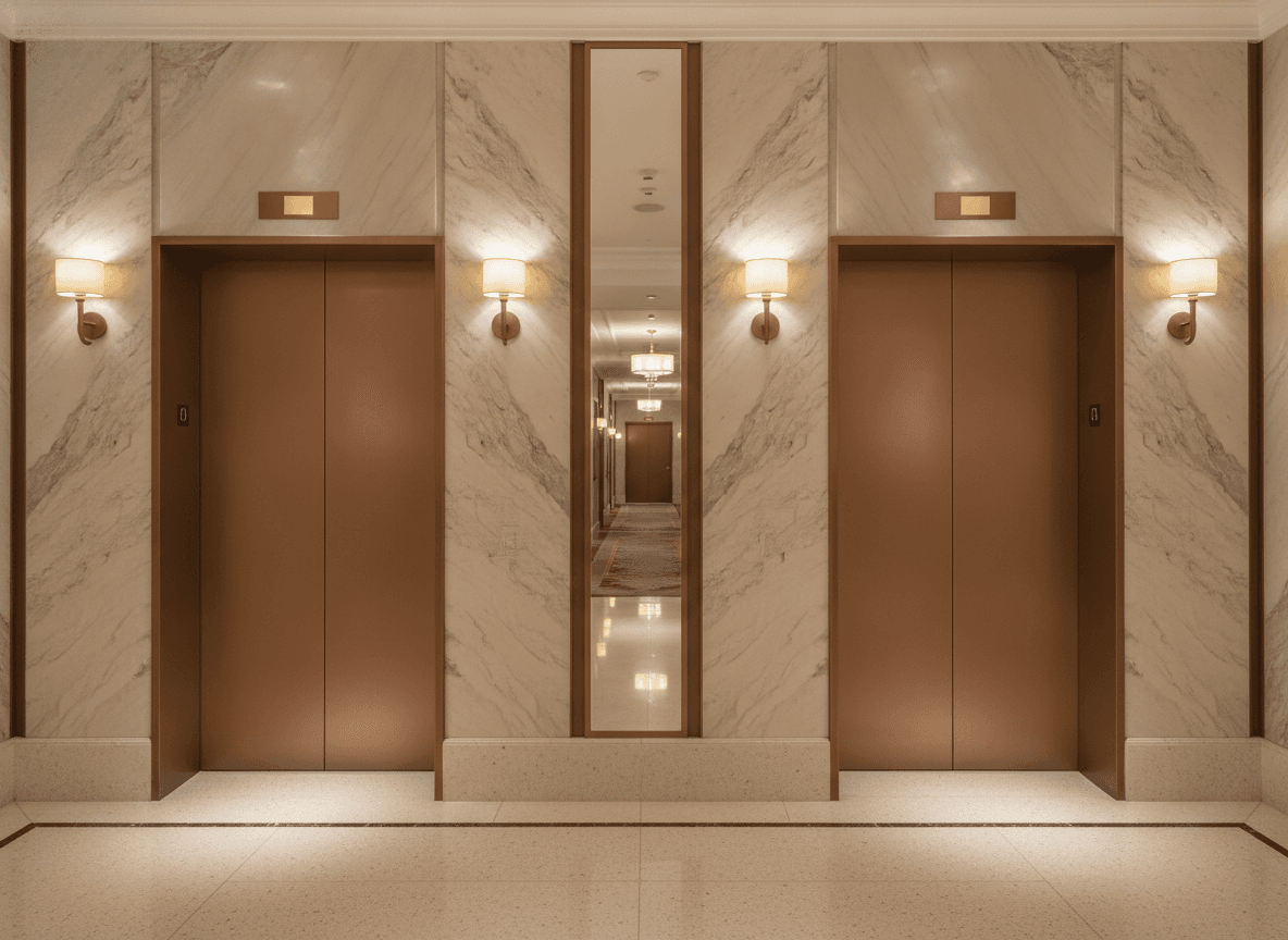 Elegant elevator landing with doors wrapped in brushed bronze architectural film and marble-look wall panels